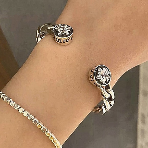 Vintage Sterling Silver Star Zircon Bangle Cuff Chain Link Design Bracelet - Picture 11 of 11